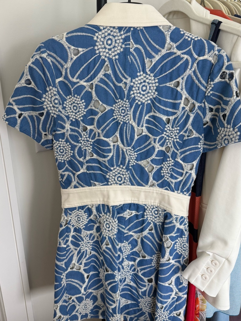 Ramy Brook Blue Floral Lace Mini Dress with Cream Trim - Picture 2 of 5